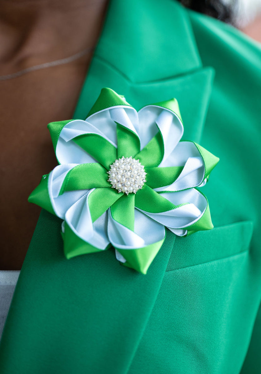 Pink & Green Pearl Ribbon Bow Tie Brooch Pin - Greek CertiPHIed Apparel