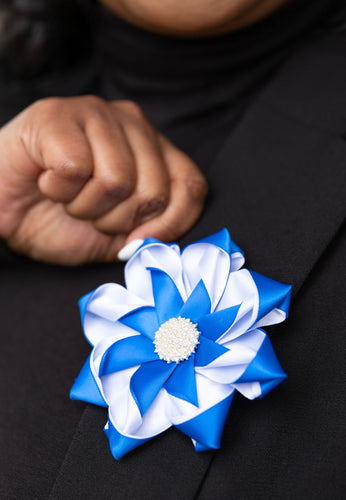 Blue and White Pearl Ribbon Flower Pin