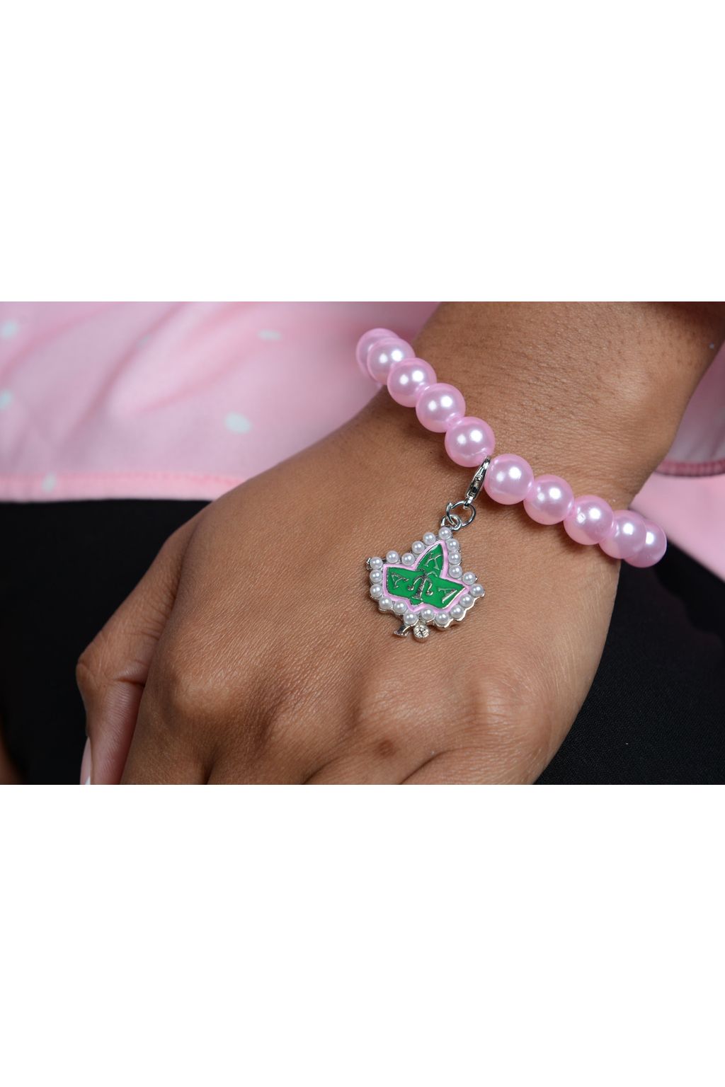 AKA Pink Pearl Bracelet with Stamped Ivy Leaf Charm