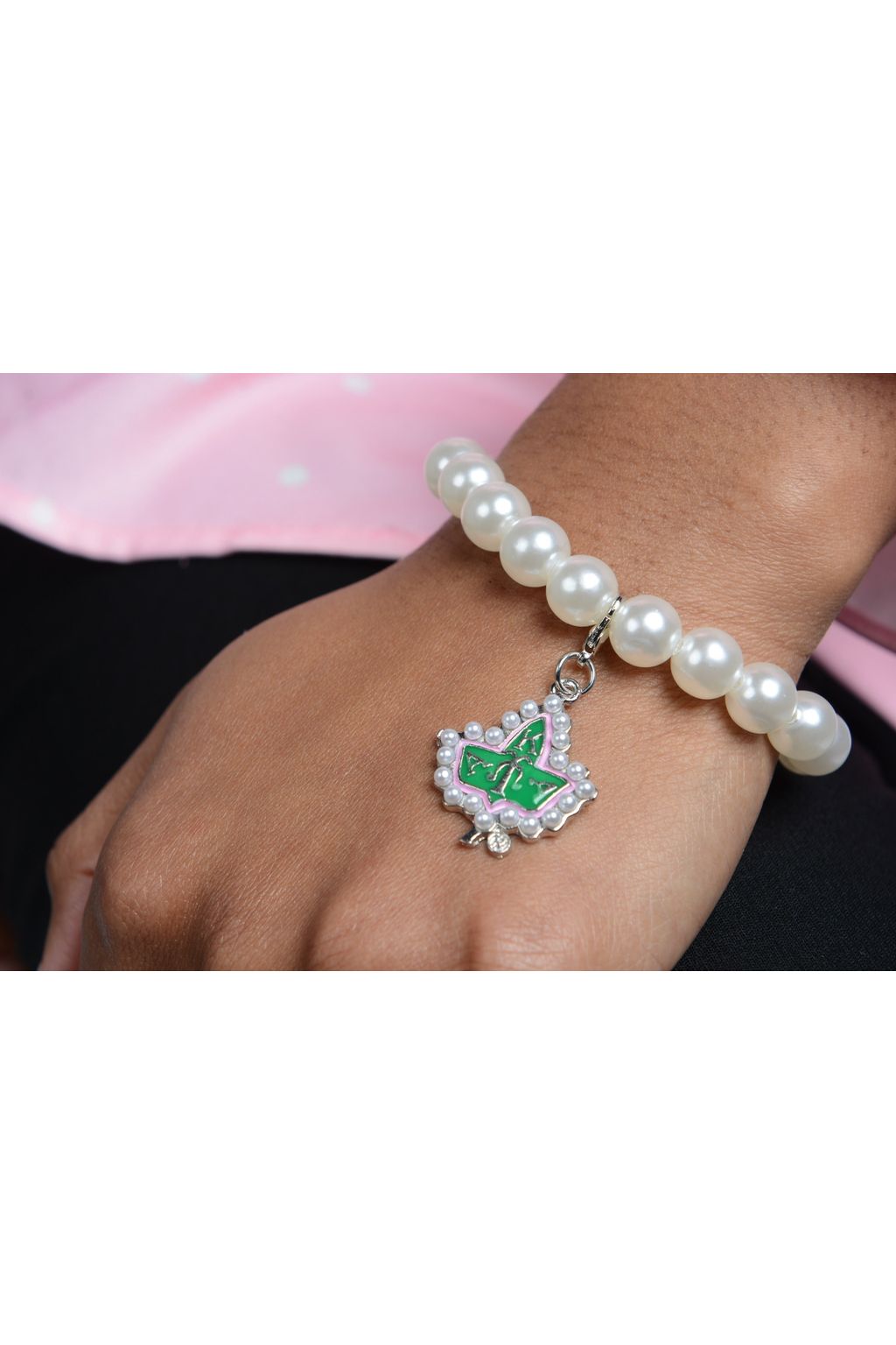 AKA Pearl Bracelet with Stamped Ivy Leaf Charm