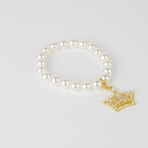 White Pearl Bracelet with Gold Crown Charm