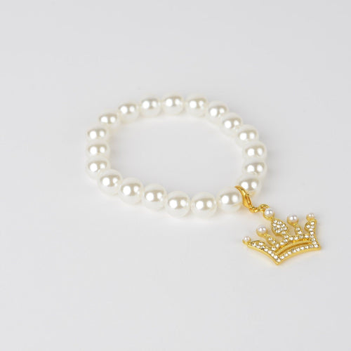 White Pearl Bracelet with Gold Crown Charm