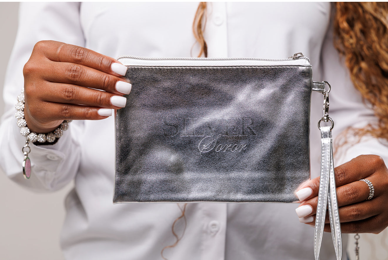 Silver Soror Wristlet with Pearl Zipper