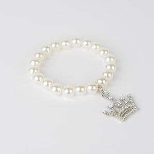 White Pearl Bracelet with Silver Crown Charm