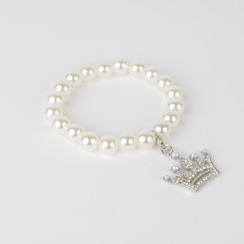 White Pearl Bracelet with Silver Crown Charm