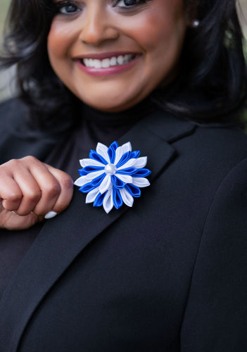 Blue and White  Ribbon Flower Pin