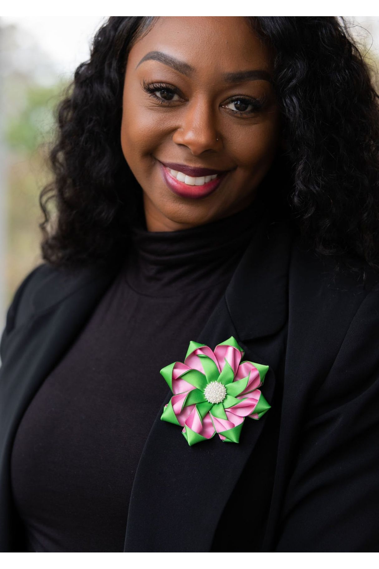 Pink and Green Pearl Ribbon Flower Pin