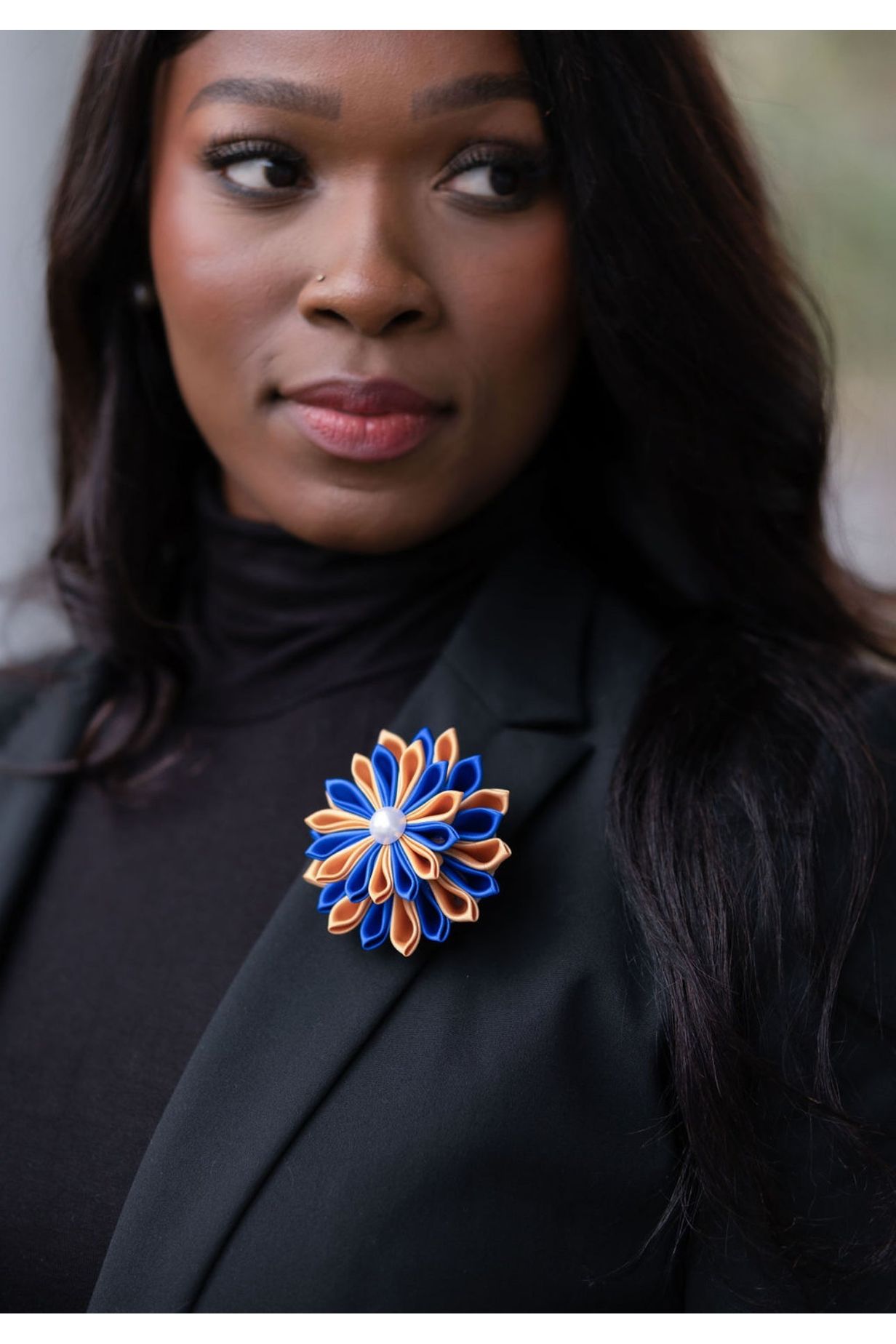 Blue and Gold Ribbon Flower Pin