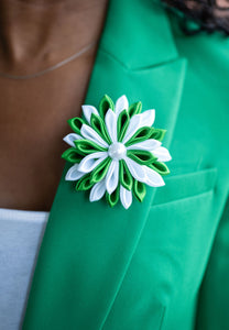 Green and White Ribbon Flower Pin