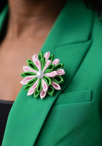 Pink and Green Ribbon Flower Pin