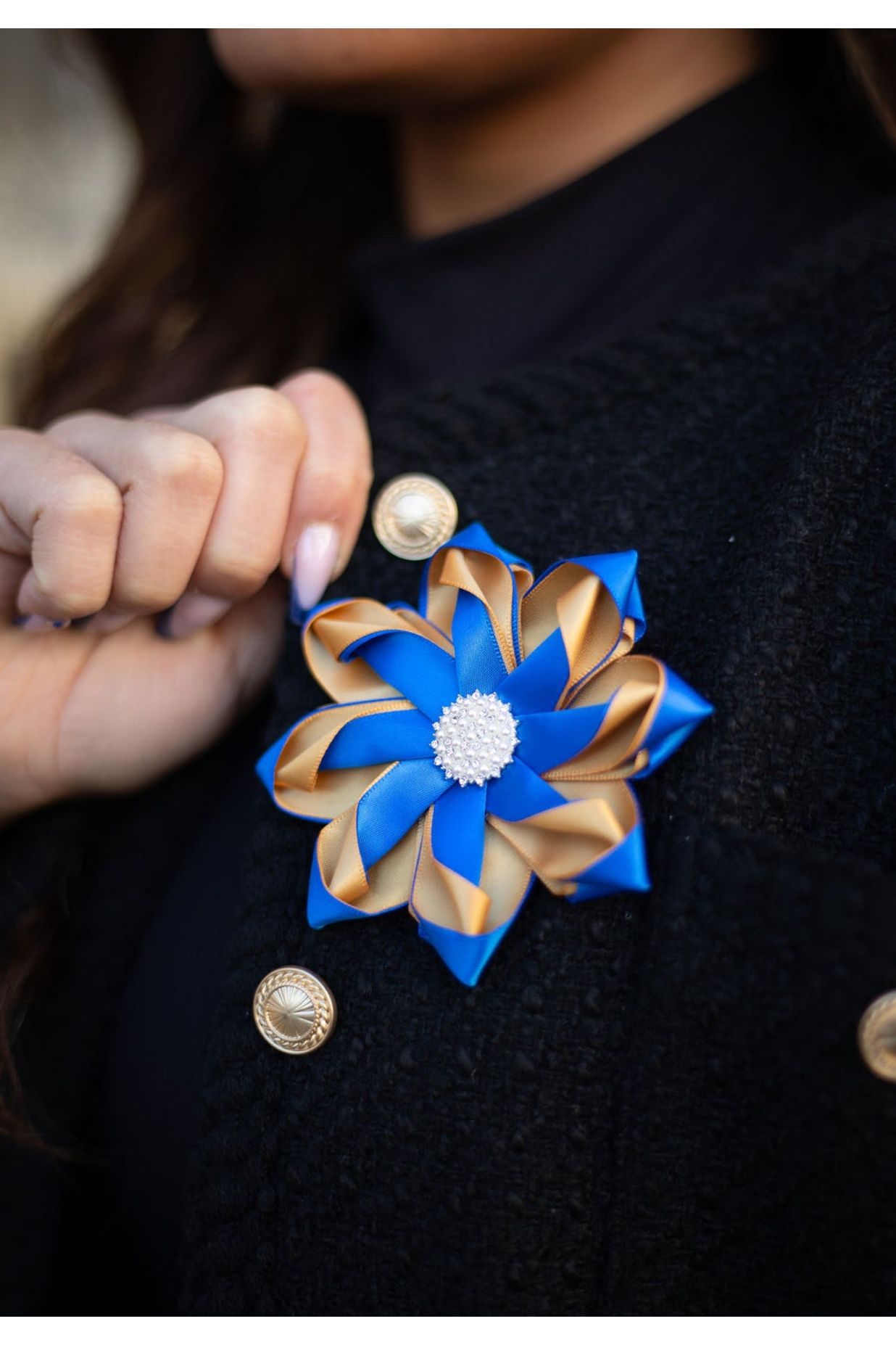 Blue and Gold Pearl Ribbon Flower Pin