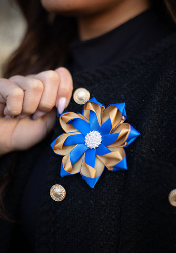 Blue and Gold Pearl Ribbon Flower Pin