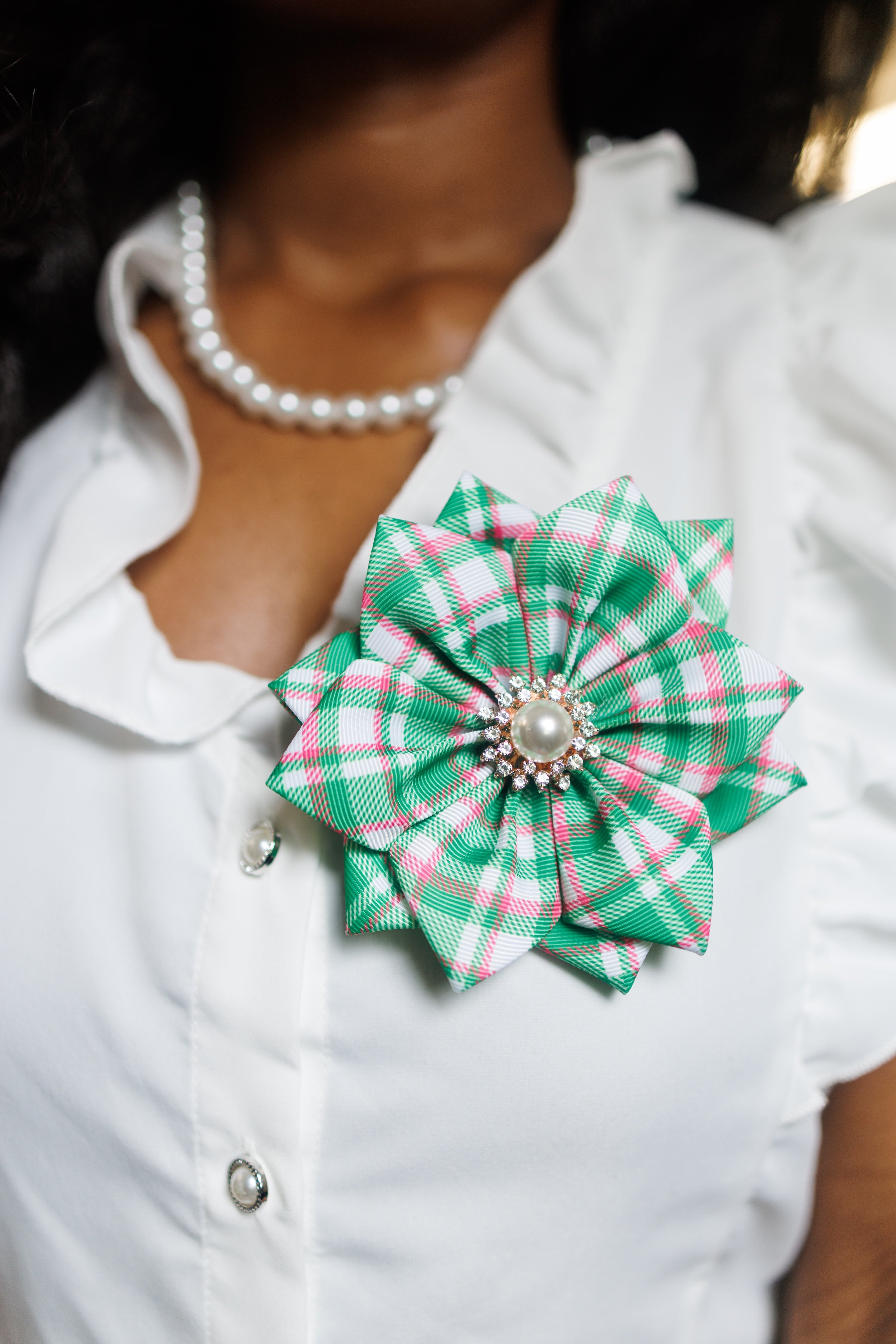 Pink & Green Plaid Ribbon Lapel Pin