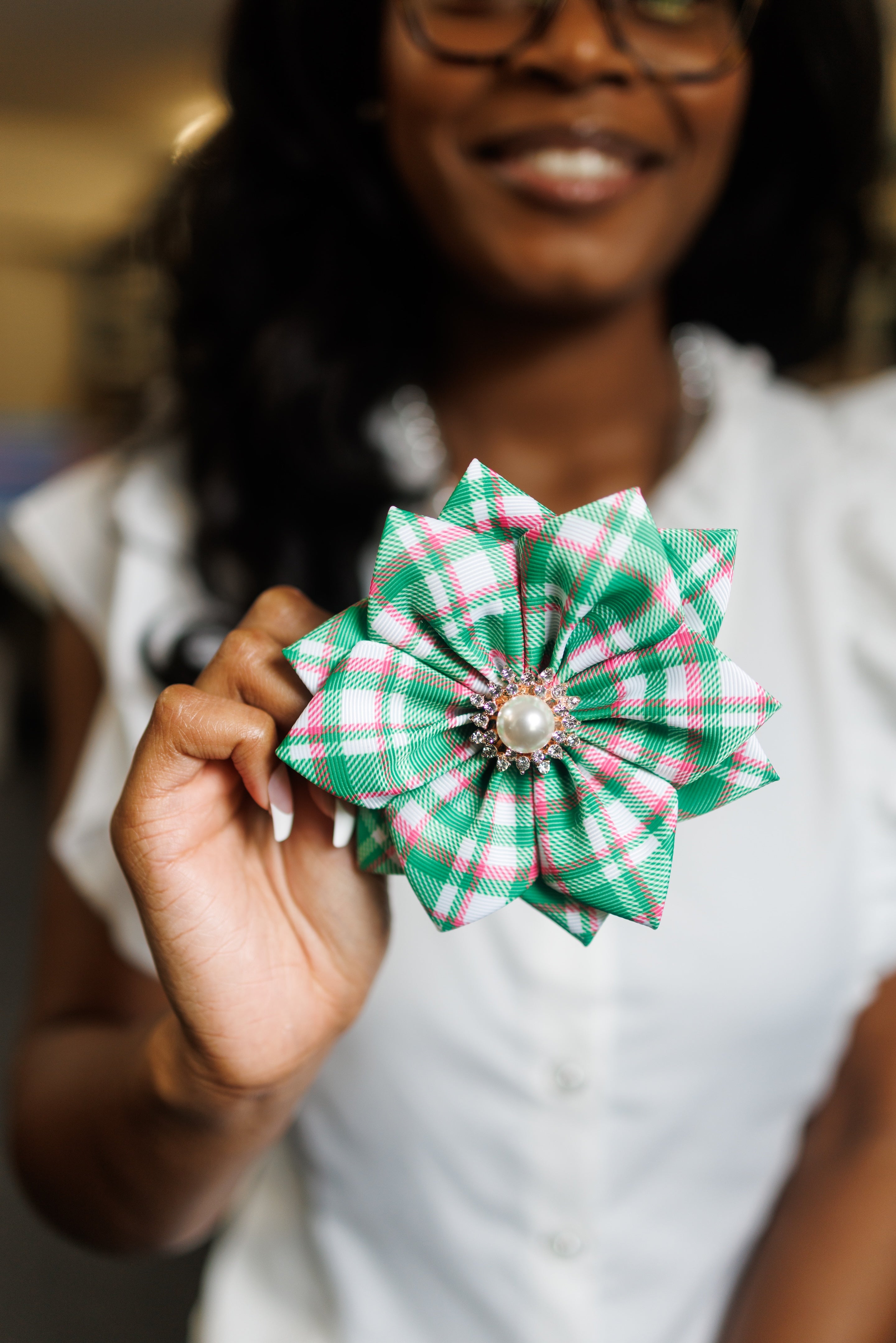 Pink & Green Plaid Ribbon Lapel Pin