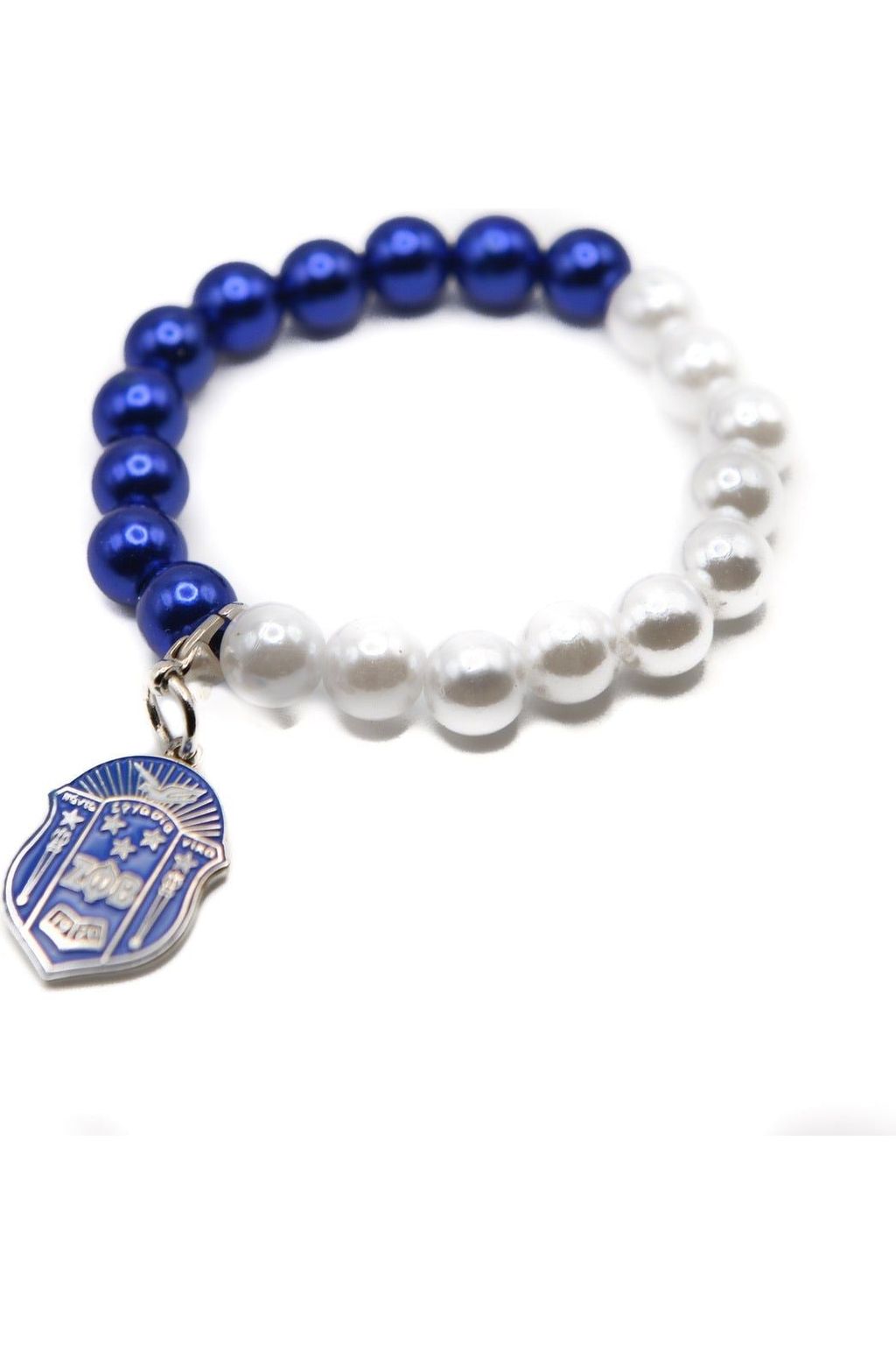 Blue and White Pearl Bracelet with Shield