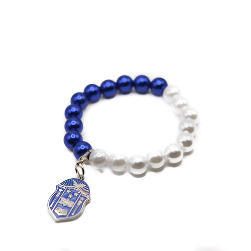 Blue and White Pearl Bracelet with Shield