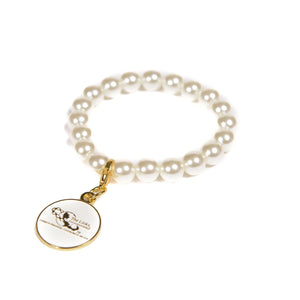 Links, Inc. White Pearl Bracelet with Gold Logo Charm