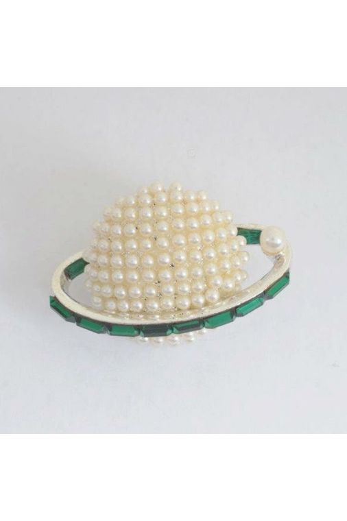 Small Silver w/Pearl Globe with Green Baguette Stones Lapel Pin