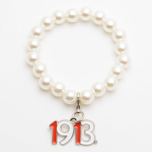 Delta Sigma Theta White Pearl Bracelet with 1913 Charm