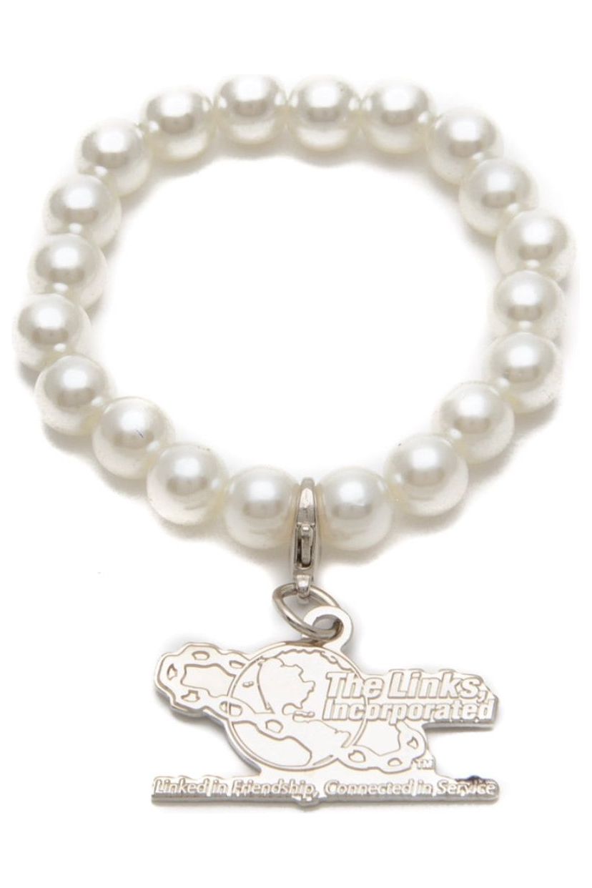 Links, Inc. White Pearl Bracelet with Large Silver Embossed Charm