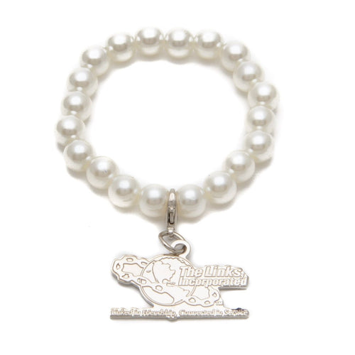 Links, Inc. White Pearl Bracelet with Large Silver Embossed Charm