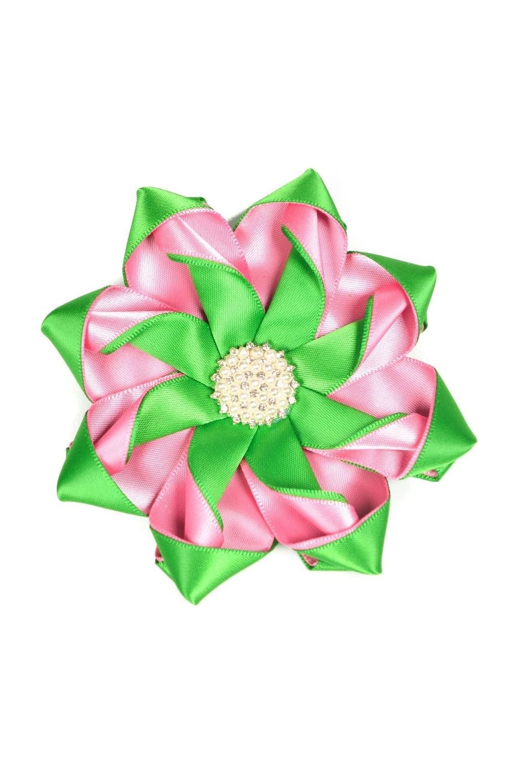 Pink and Green Pearl Ribbon Flower Pin