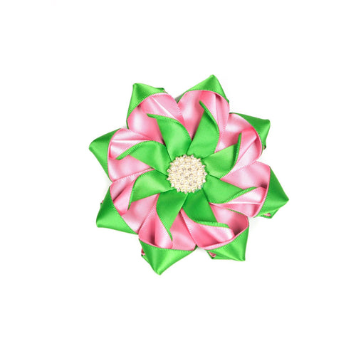 Pink and Green Pearl Ribbon Flower Pin