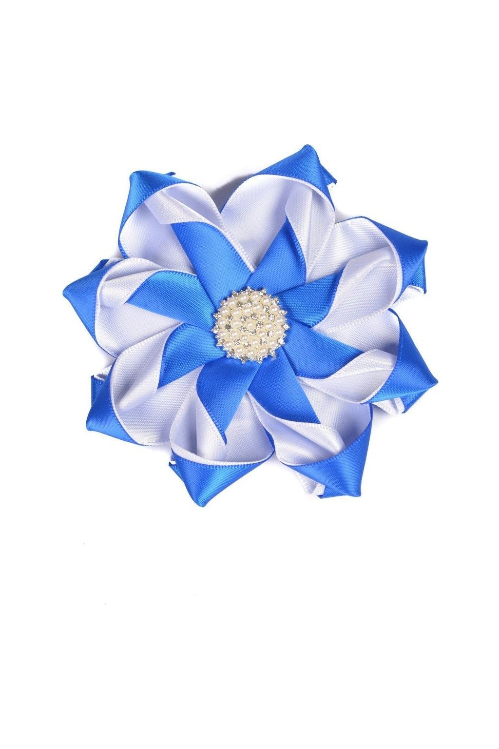 Blue and White Pearl Ribbon Flower Pin