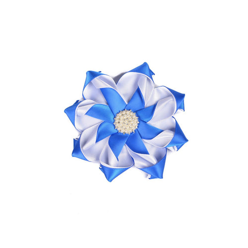 Blue and White Pearl Ribbon Flower Pin